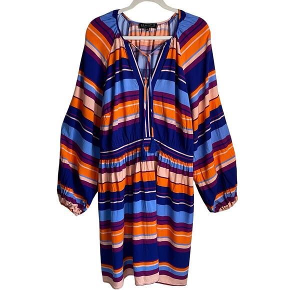 Eloquii Dresses & Skirts - Eloquii Striped Mini Dress Sz 22 Tie Neck Tassels Long Balloon Sleeves Colorful